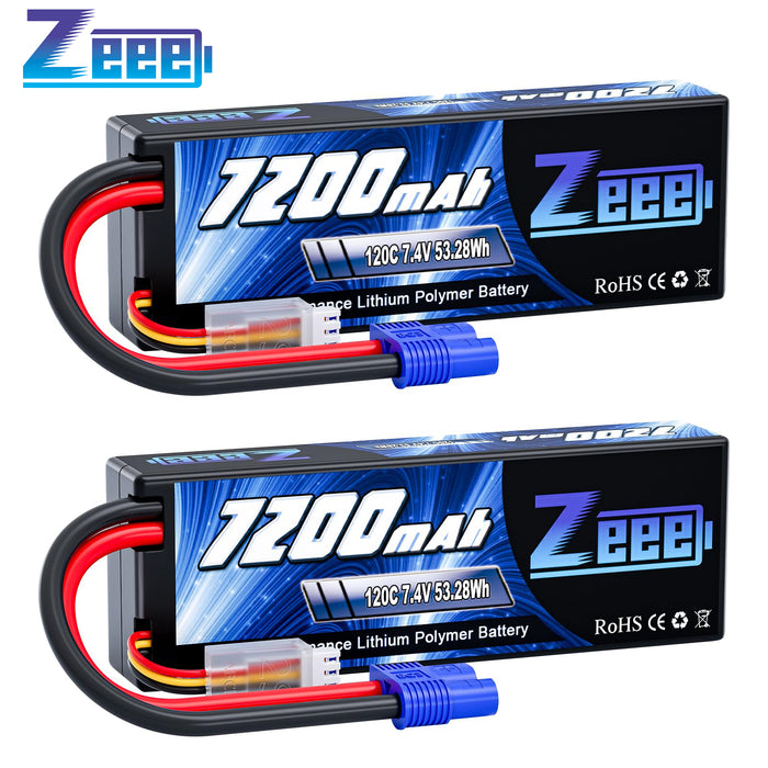 Zeee 2S Lipo Battery 7200mAh 7.4V 120C Hard Case RC Battery with EC3 Connector for RC Car Truck Truggy Buggy Tank 1/10 Scale Racing Models(2 Pack)
