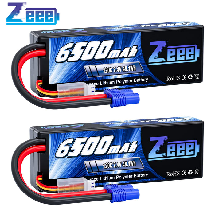 Zeee 2S Lipo Battery 6500mAh 120C 7.4V Hard Case Battery with EC3 Connector for RC Vehicles RC Car Truck Truggy 1/10 Scale Racing Models(2 Pack)