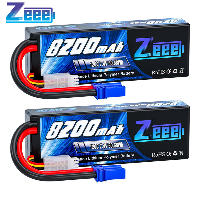 Zeee 2S Lipo Battery 8200mAh 7.4V 120C Hard Case RC Car Battery with EC5 Plug for 1/8 1/10 RC Vehicles RC Car Truck Truggy RC Boat Helicopter Racing Models(2 Pack)