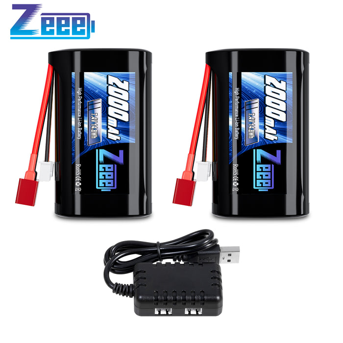 Zeee 2S Li-ion Battery 2000mAh 7.4V Battery SM 2P Connector with 7.4V Battery Charger Compatible with MN D90/91, MN 99/99s RC cars, H101 H103 H105 RC Boat RC Truck(2 Pack)