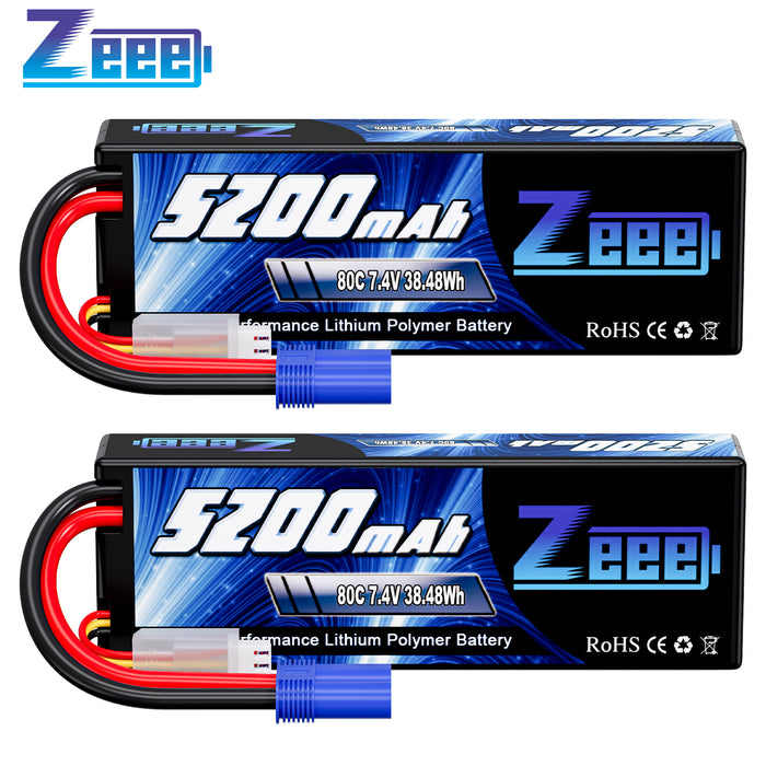 Zeee 2S Lipo Battery 5200mAh 7.4V 80C Hard Case with EC5 Plug Compatible with 1/8 1/10 RC Car(2 Pack)
