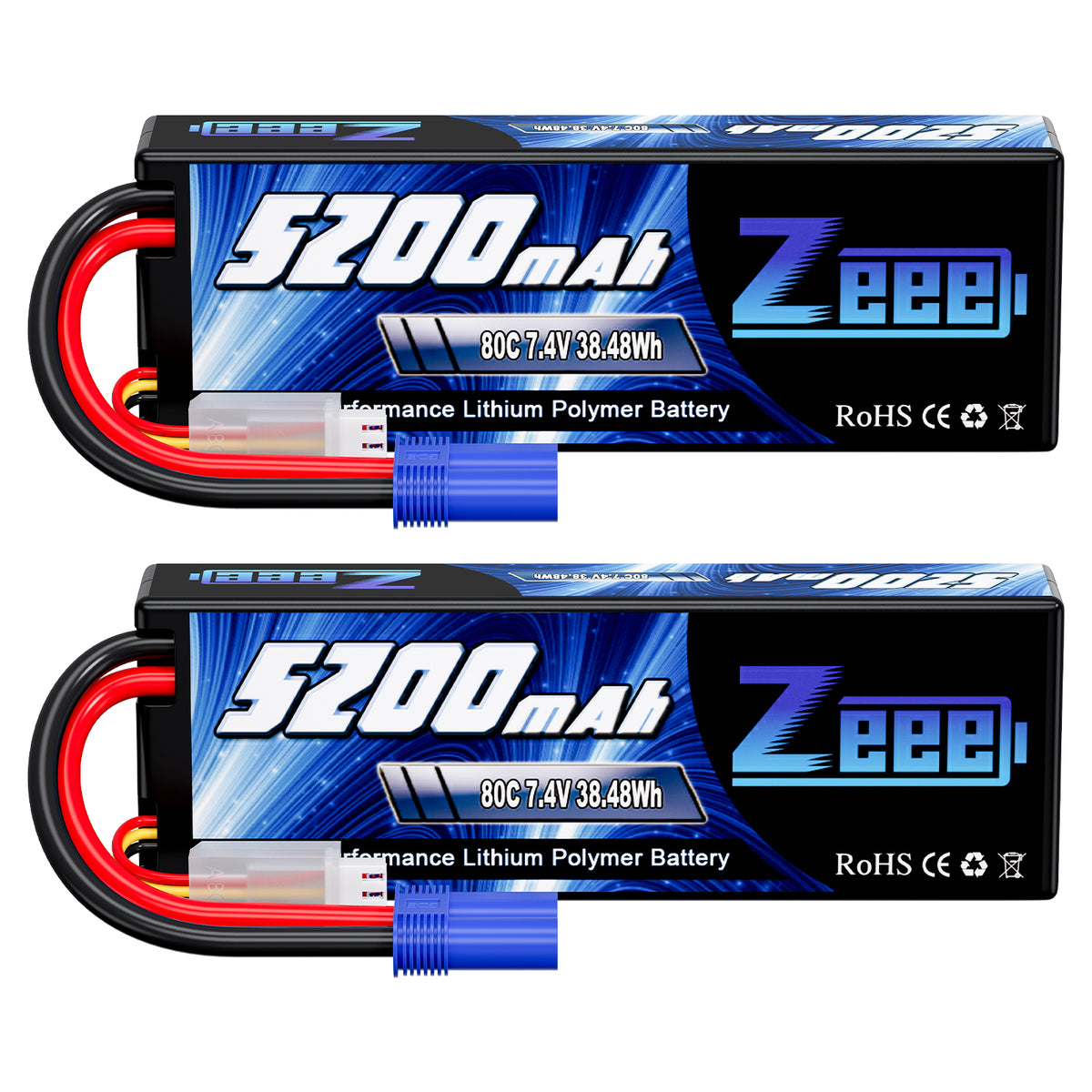 Zeee 2S Lipo Battery 5200mAh 7.4V 80C Hard Case with EC5 Plug Compatib