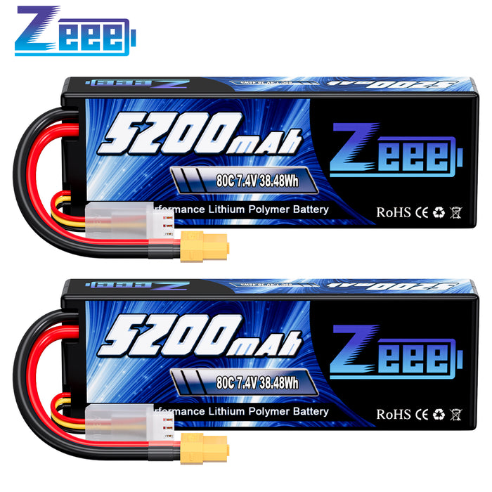 Zeee 2S Lipo Battery 5200mAh  7.4V 80C with XT60 Plug Hard Case for 1/8 1/10 RC Car(2 Packs)