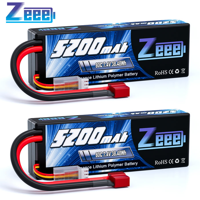 Zeee 2S Lipo Battery 5200mAh 7.4V 80C Hard Case Deans T Plug  for 1/8 1/10 RC Vehicles Car(2 Pack)