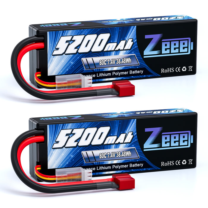 Zeee 2S Lipo Battery 5200mAh 7.4V 80C Hard Case Deans T Plug  for 1/8 1/10 RC Vehicles Car(2 Pack)