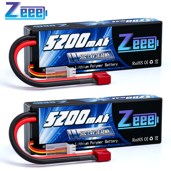 Zeee 2S Lipo Battery 5200mAh 7.4V 50C Hard Case with Dean-Style T Connector for RC Car Trucks 1/8 1/10 RC Vehicles(2 Packs)