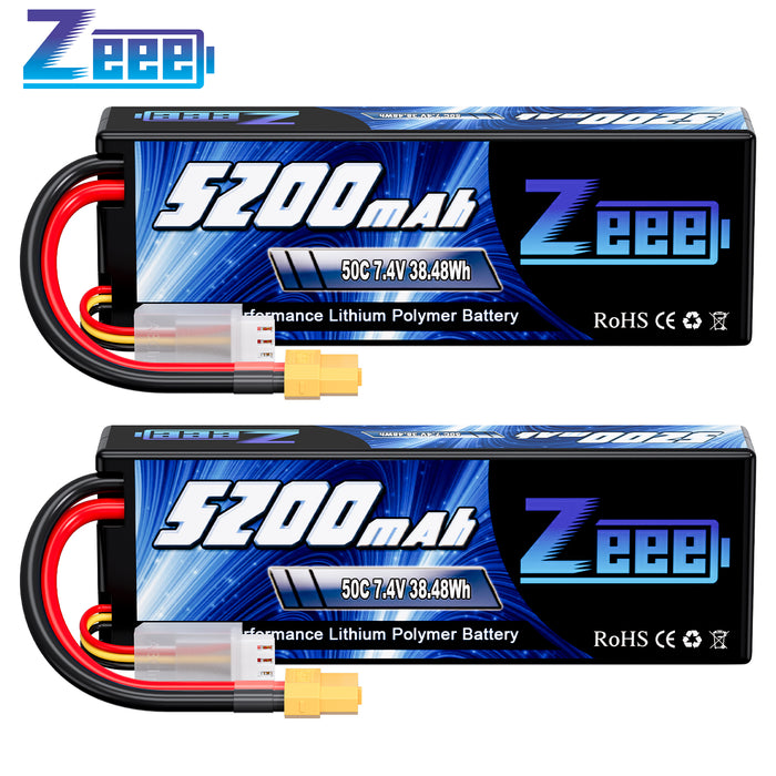 Zeee 2S Lipo Battery 5200mAh 7.4V 50C with XT60 Plug Hard Case for 1/8 1/10 RC Car RC Airplane(2 Pack)