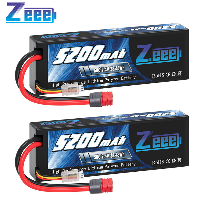 Zeee 2S Lipo Battery 5200mAh 7.4V 50C Deans T Plug with Housing Hard Case Battery for 1/8 1/10 RC Car RC Models(2 Pack)