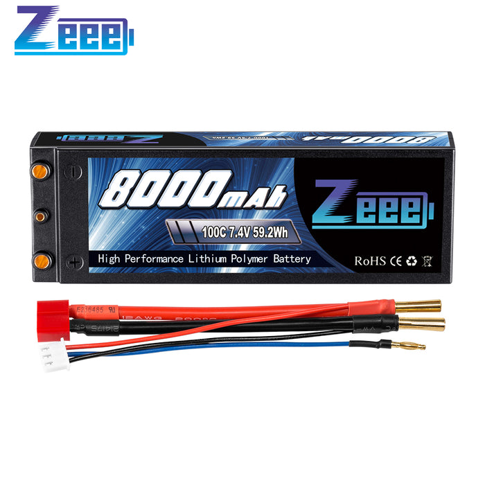 Zeee 2S Lipo Battery 8000mAh 7.4V 100C Hard Case with 4mm Bullet Dean-Style T Plug for 1/8 1/10 RC Car Model
