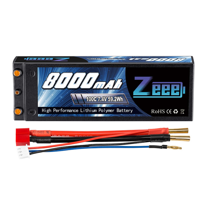 Zeee 2S Lipo Battery 8000mAh 7.4V 100C Hard Case with 4mm Bullet Dean-Style T Plug for 1/8 1/10 RC Car Model
