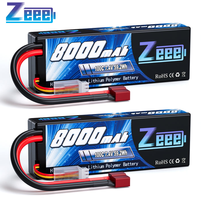 Zeee 2S Lipo Battery 8000mAh 7.4V 100C Hard Case with Deans T Plug for RC Car Truck Truggy Boat Helicopter(2 Pack)