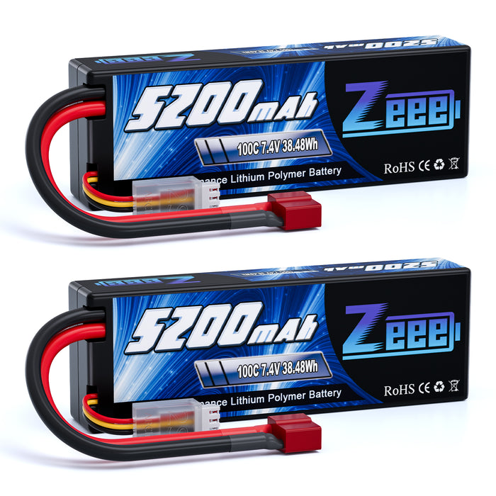 Zeee 2S Lipo Battery 7.4V 5200mAh 100C with Deans T Connector for RC Car RC Model(2 Pack)