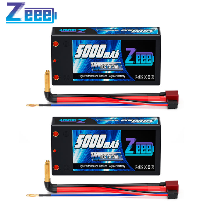 Zeee 2S Shorty Lipo Battery 5000mAh 7.4V 100C Hard Case with 4mm Bullet to Deans Connector for RC 1/10 Scale Vehicles Car RC Models(2 Pack)