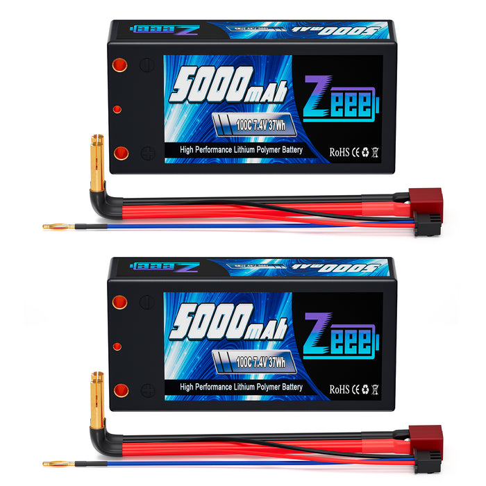 Zeee 2S Shorty Lipo Battery 5000mAh 7.4V 100C Hard Case with 4mm Bullet to Deans Connector for RC 1/10 Scale Vehicles Car RC Models(2 Pack)
