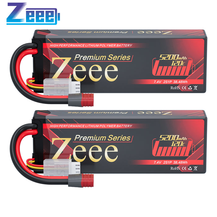 Zeee Premium Series 2S Lipo Battery 5200mAh 7.4V 120C Hard Case with Deans Plug for 1/8 1/10 RC Car(2 Pack)