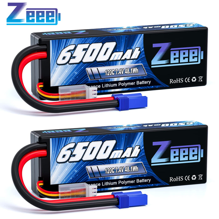 Zeee 2S Lipo Battery 6500mAh 7.4V 120C Hard Case RC Car Battery with EC5 Connector for RC Vehicles RC Truck Tank Truggy Boat Racing Hobby Models(2 Pack)
