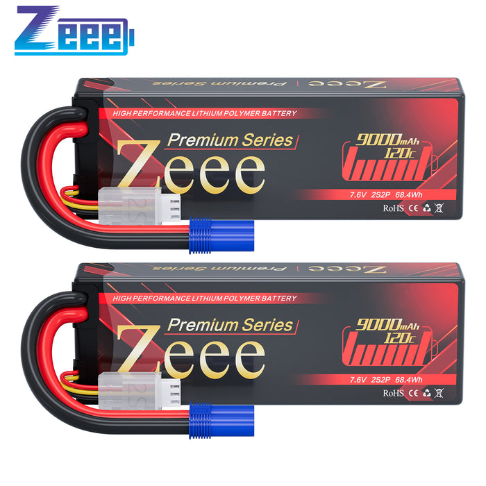 Zeee Premium Series 2S Lipo Battery 9000mAh 7.6V 120C HV-Lipo Hard Case Battery with EC5 Connector for RC Car RC Models (2 Pack)
