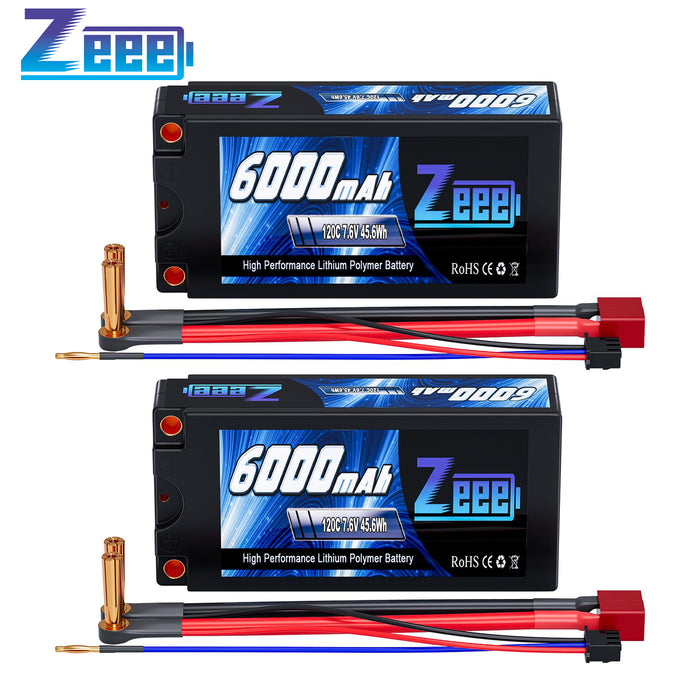 Zeee 2S Shorty Lipo Battery 6000mAh 7.6V 120C Hard Case with 5mm Bullet to Deans Connector High Voltage Battery for RC 1/10 Scale Vehicles Car Trucks Boats RC Models (2 Pack)