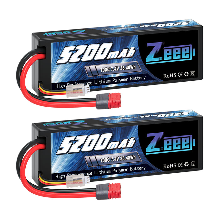 Zeee 2S Lipo Battery  5200mAh 7.4V 100C Hard Case Deans T Plug with Housing for 1/8 1/10 RC Car RC Airplane(2 Pack)