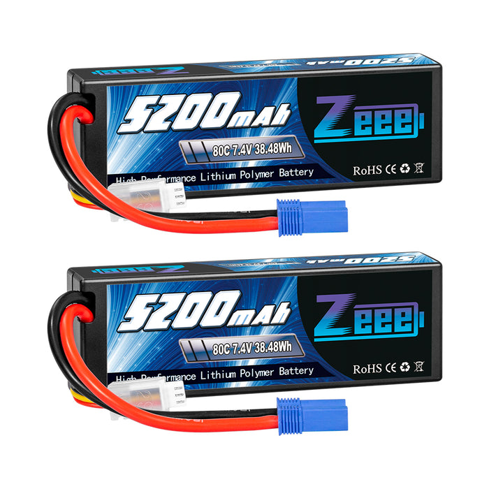 Zeee 2S Lipo Battery 5200mAh 7.4V 80C Hard Case with EC5 Plug Compatible with 1/8 1/10 RC Car(2 Pack)