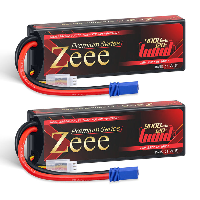 Zeee Premium Series 2S Lipo Battery 9000mAh 7.6V 120C HV-Lipo Hard Case Battery with EC5 Connector for RC Car RC Models (2 Pack)