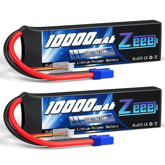 Zeee 2S Lipo Battery 10000mAh 7.4V 120C with EC5 Plug Soft Case for RC Car RC Models(2 Pack)