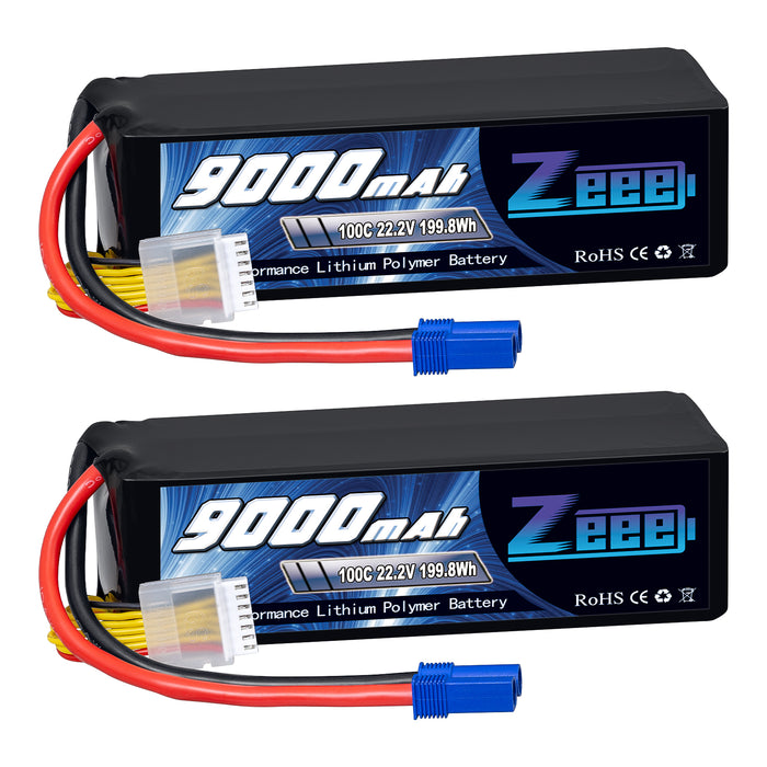 Zeee 6S Lipo Battery 9000mAh 22.2V 100C Soft Case With EC5 Connector with Metal Plates for RC Car RC Models(2 Pack)
