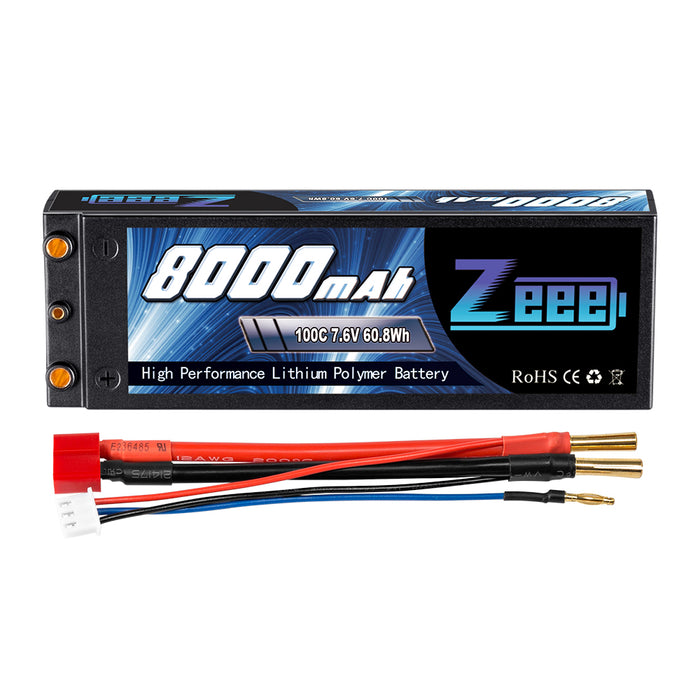 Zeee 2S Lipo Battery 8000mAh 7.6V 100C High-Voltage Hardcase with 4mm Bullet to Deans T Connector for RC Models