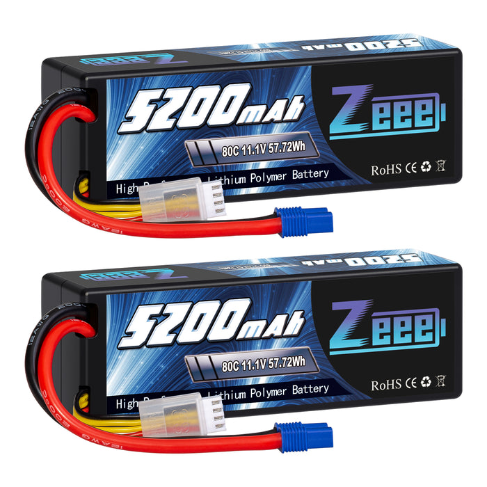 Zeee 3S Lipo Battery 5200mAh 11.1V 80C with EC3 Plug Hard Case for RC Car Racing Models(2 Pack)