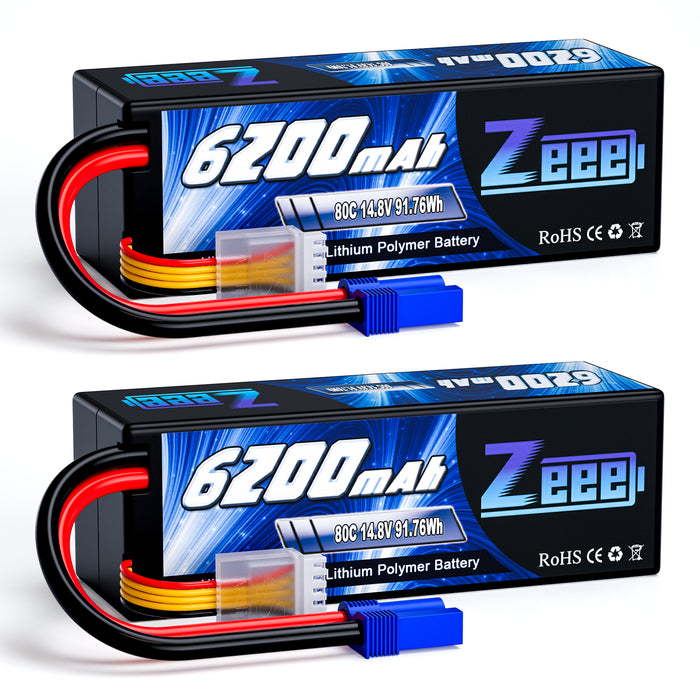 Zeee 4S Lipo Battery 6200mAh 14.8V 80C Hard Case with EC5 Connector for RC Car RC Models(2 Packs)