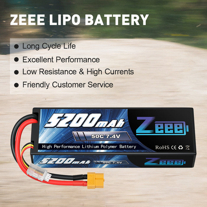 Zeee 2S Lipo Battery 5200mAh 7.4V 50C with XT60 Plug Hard Case for 1/8 1/10 RC Car RC Airplane(2 Pack)