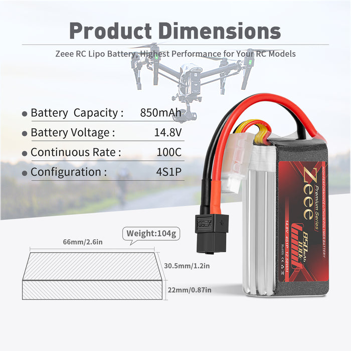 Zeee Premium Series 4S Lipo Battery 850mAh 14.8V 100C Soft Case with XT60 Plug for RC Car RC Models(2 Pack)