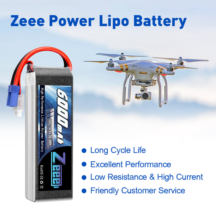 Zeee 4S Lipo Battery 6000mAh 14.8V 100C with EC5 Plug Soft Case for Airplane RC Car RC Models(2 Pack)