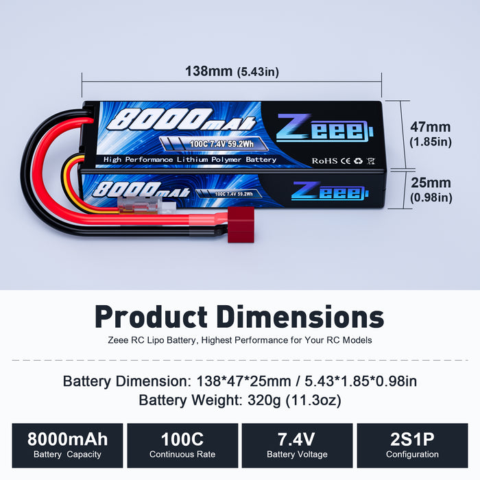 Zeee 2S Lipo Battery 8000mAh 7.4V 100C Hard Case with Deans T Plug for RC Car Truck Truggy Boat Helicopter(2 Pack)