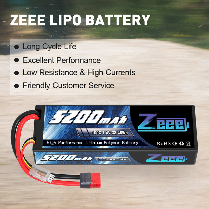 Zeee 2S Lipo Battery  5200mAh 7.4V 100C Hard Case Deans T Plug with Housing for 1/8 1/10 RC Car RC Airplane(2 Pack)