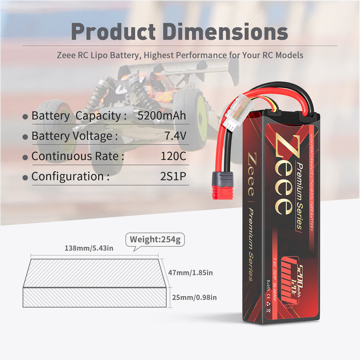 Zeee Premium Series 2S Lipo Battery 5200mAh 7.4V 120C Hard Case with Deans Plug for 1/8 1/10 RC Car(2 Pack)