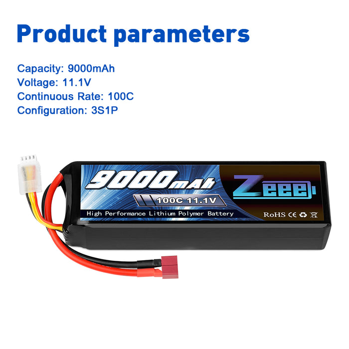 Zeee 3S Lipo Battery 9000mAh 11.1V 100C Deans Connector Soft Case with Metal Plates for RC Car Models
