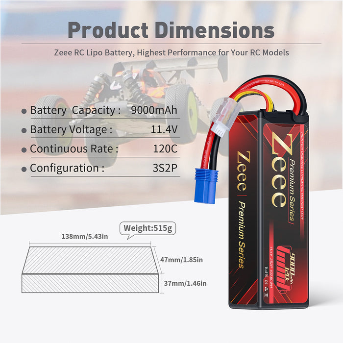 Zeee Premium Series 3S Lipo Battery 9000mAh 11.4V 120C Hard Case EC5 Connector HV-Lipo for RC Car Racing Hobby Models(2 Pack)