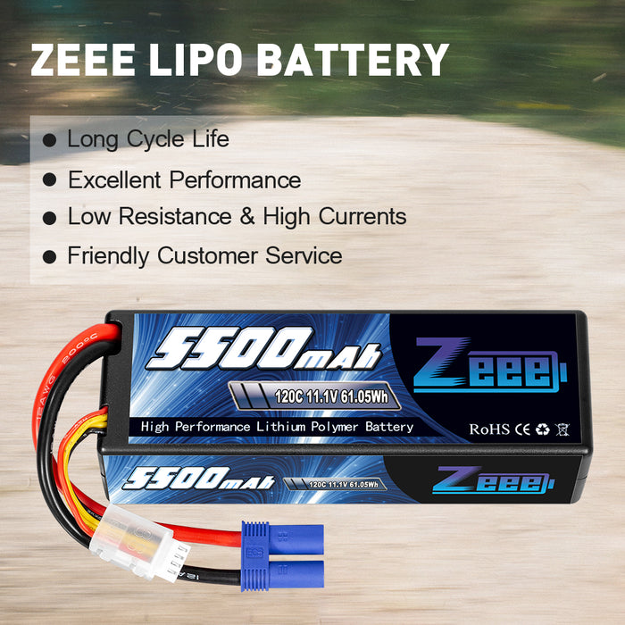Zeee 3S Lipo Battery 5500mAh 11.1V 120C Hard Case RC Battery with EC5 Connector for RC Car 1/8 1/10 Scale Vehicles(2 Pack)