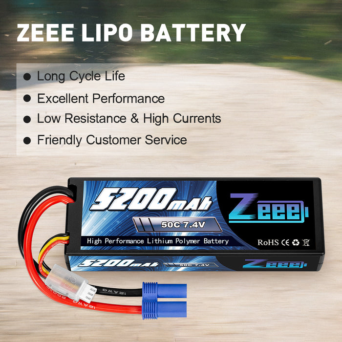 Zeee 2S Lipo Battery 5200mAh 7.4V 50C Hard Case with EC5 Plug for 1/8 1/10 RC Car(2 Pack)