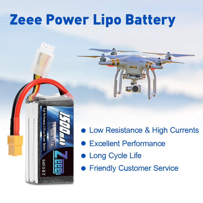 Zeee 3S Lipo Battery 1500mAh 11.1V 120C Graphene Battery with XT60 Plug for RC Car RC Models(2 Pack)