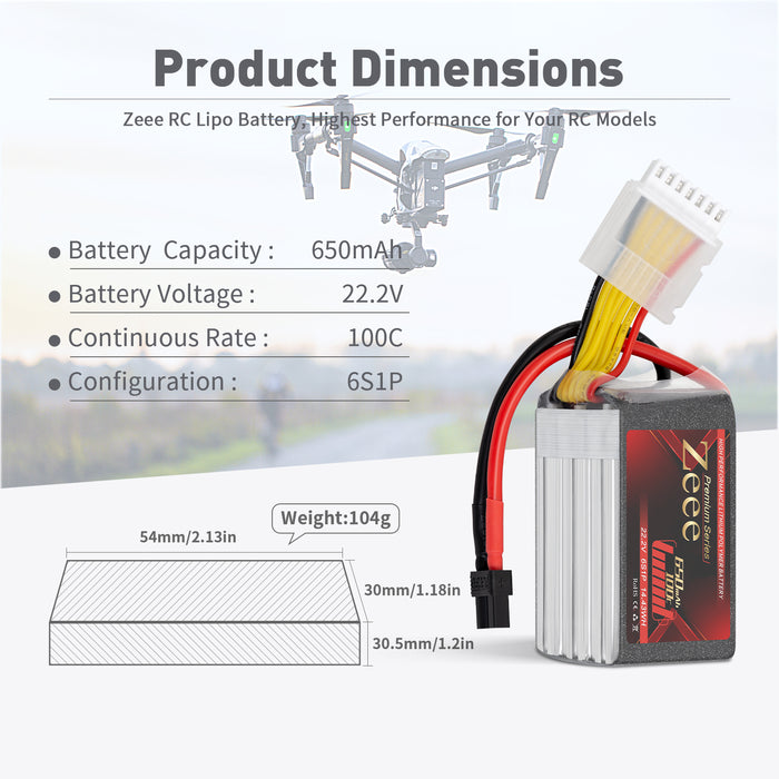 Zeee Premium Series 6S Lipo Battery 650mAh 22.2V 100C Soft Case with XT30 Plug for FPV Airplane RC Models (2 Pack)