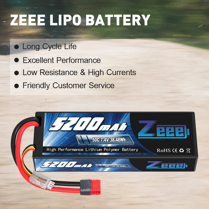 Zeee 2S Lipo Battery 5200mAh 7.4V 50C Deans T Plug with Housing Hard Case Battery for 1/8 1/10 RC Car RC Models(2 Pack)
