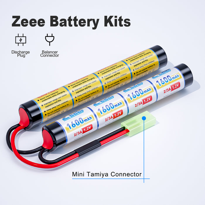Zeee 9.6V 1600mAh NiMH Battery with Mini Tamiya Plug for Airsoft Guns(2 Pack)