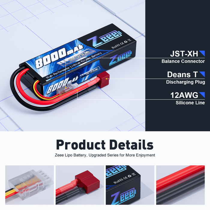 Zeee 2S Lipo Battery 8000mAh 7.4V 100C Hard Case with Deans T Plug for RC Car RC Models