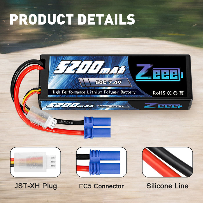Zeee 2S Lipo Battery 5200mAh 7.4V 50C Hard Case with EC5 Plug for 1/8 1/10 RC Car(2 Pack)