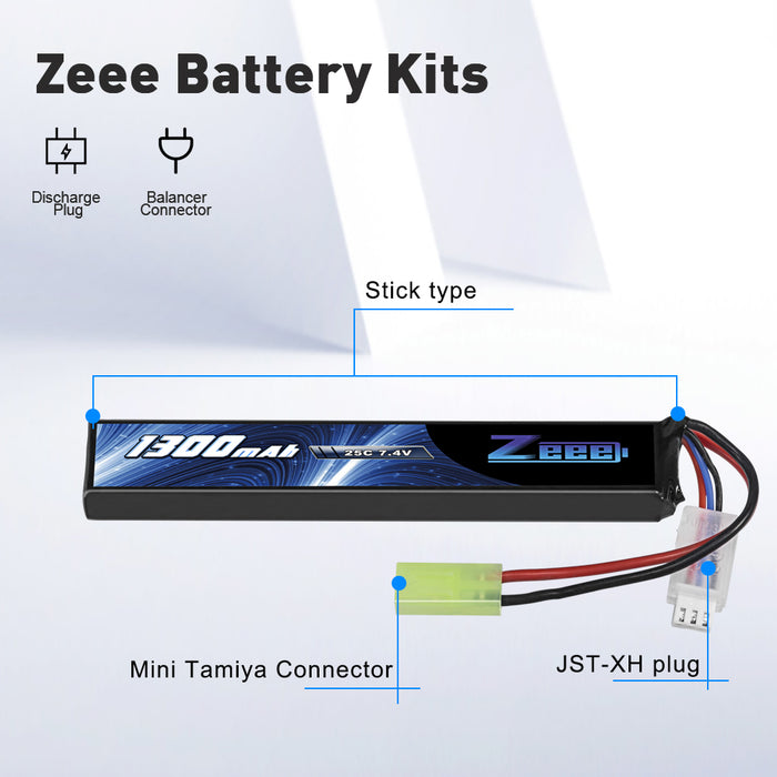 Zeee 2S Lipo Battery 1300mAh 7.4V 25C Airsoft Stick Battery with Mini Tamiya Connector for Airsoft Guns Rifle