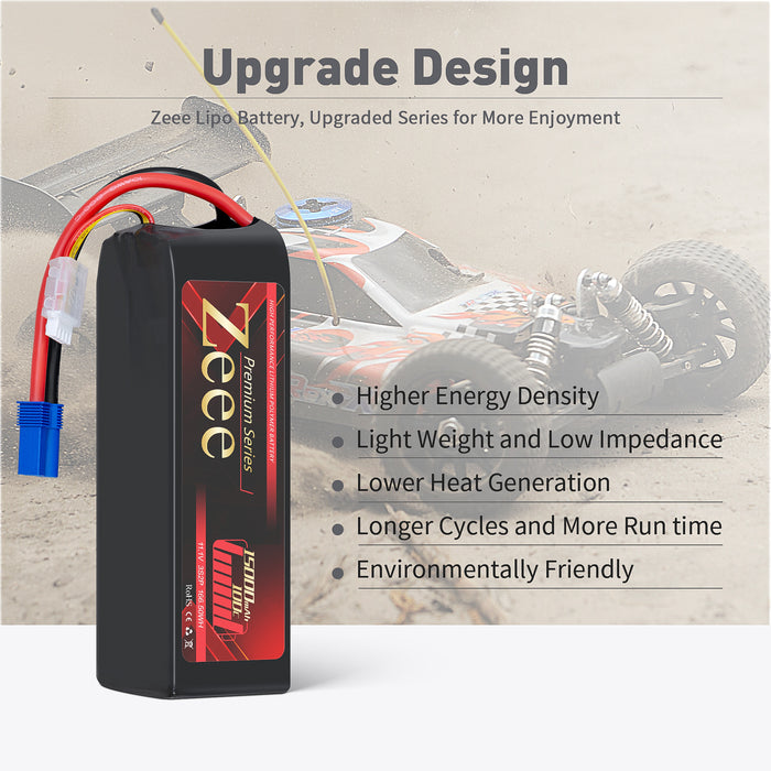 Zeee Premium Series 3S Lipo Battery 15000mAh 11.1V 100C Soft Case EC5 Connector with Metal Plates for RC Car