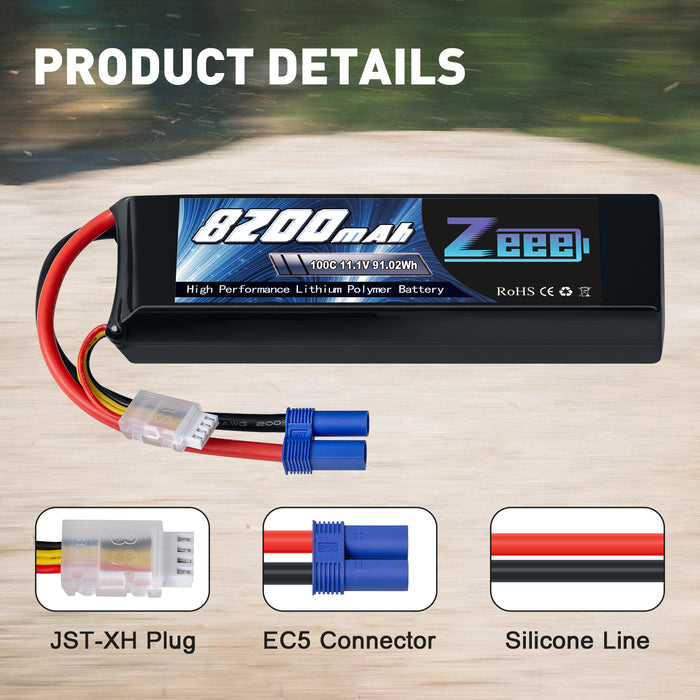 Zeee 3S Lipo Battery 8200mAh 11.1V 100C EC5 Connector Soft Case with Metal Plates for RC Car RC Models (2 Pack)