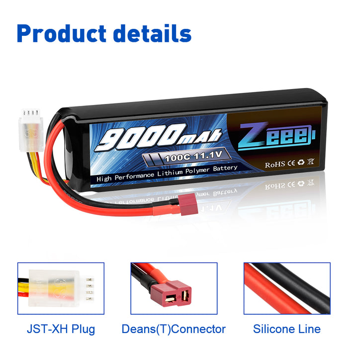 Zeee 3S Lipo Battery 9000mAh 11.1V 100C Deans Connector Soft Case with Metal Plates for RC Car Models
